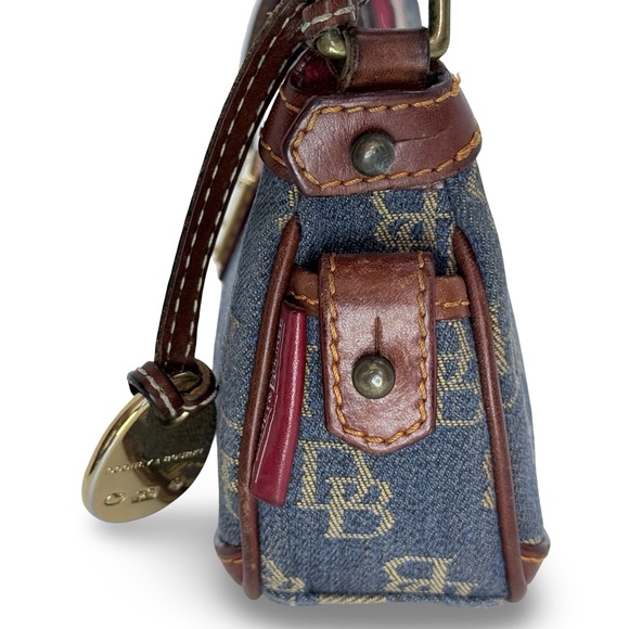 Dooney & Bourke Denim Monogram Mini Shoulder Bag Top Zip Blue Brown Leather Y2K - Picture 5 of 16